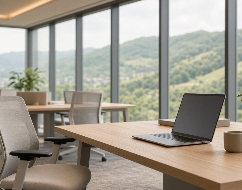 A bright modern office with light oak desks, an open laptop, mesh chairs and potted plants, with green hills seen through floor-to-ceiling windows.