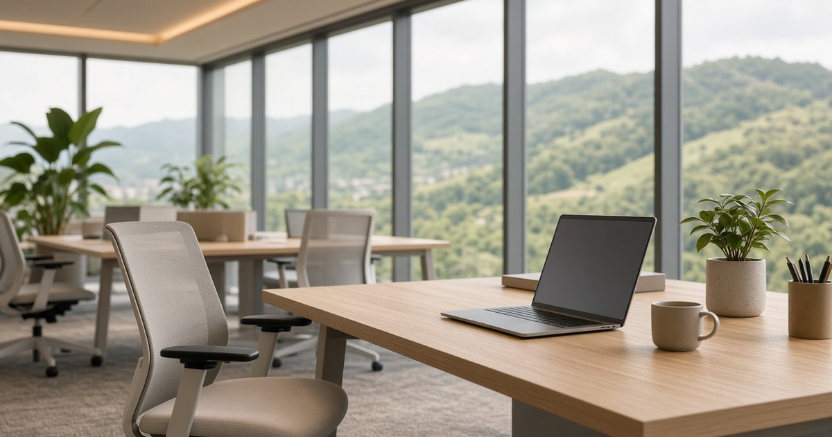 A bright modern office with light oak desks, an open laptop, mesh chairs and potted plants, with green hills seen through floor-to-ceiling windows.