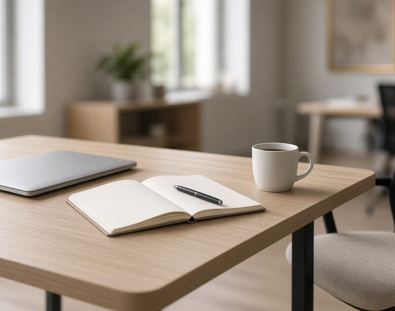 An empty light-wood desk in a sunlit office with a closed laptop, an open blank notebook and pen, a white coffee mug and a chair pulled out.