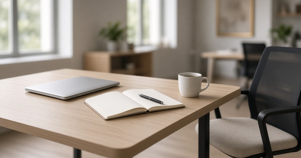 An empty light-wood desk in a sunlit office with a closed laptop, an open blank notebook and pen, a white coffee mug and a chair pulled out.